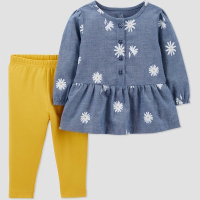 Baby Girls' Daisies Chambray Top & Bottom Set - Just One You® made by carter's Yellow/Blue 9M