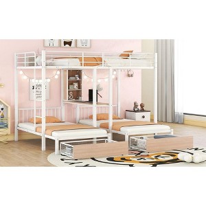 Okak Full over Twin-Twin Triple Loft Bunk Bed with Drawers Metal Frame Bed with Desks and Shelves for Teens Kids Noise Reduced - 1 of 4