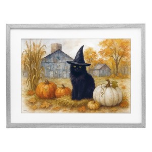 Stupell Industries Witch Cat Autumnal Farm Framed Print Under Glass Art, Gray, 20" x 14" - 1 of 4