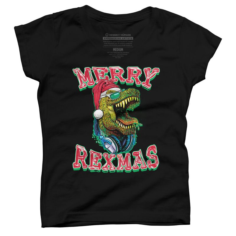 Girl's Design By Humans Merry RexMas T Rex Christmas Dinosaur By MudgeStudios T-Shirt, 1 of 4