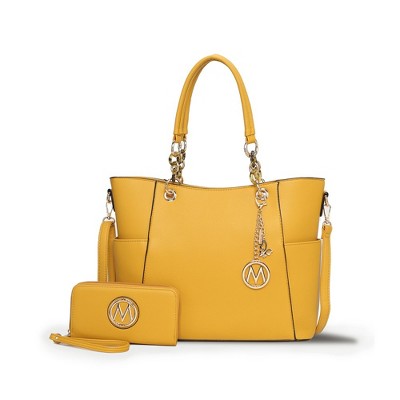 Mustard Faux Leather Tote Bag and Wallet Set with Gold Accents