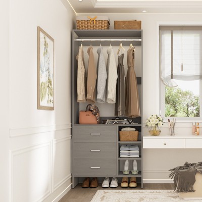 Aheaplus 30'' Freestanding Closet Organizer with Hanging Rods and Drawers, Closet System with Storage Shelves