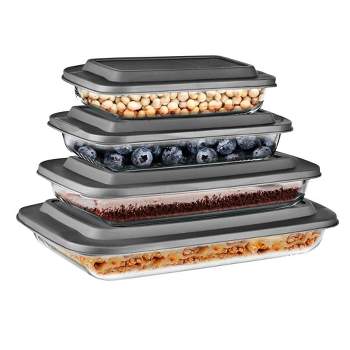SereneLife Rectangular Glass Food Storage Set - 4 Sets of High Borosilicate with Lid, Heat-Resistant, Gray