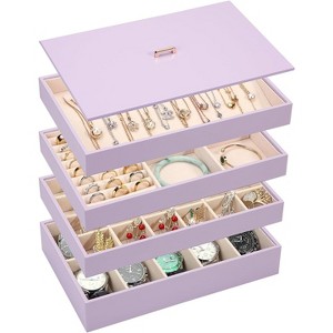 Set of 4 Stackable PU Leather Jewelry Trays with Lids, Drawer Organizer Inserts for Earrings & Watches, Black - 1 of 4