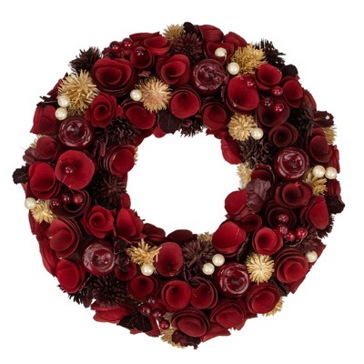 Northlight Red Wooden Roses with Apples and Pearls Artificial Christmas Wreath, 13-Inch, Unlit