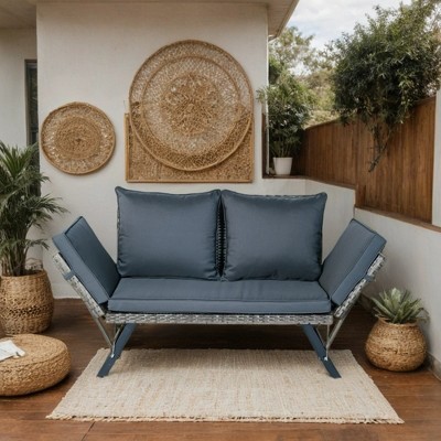 JUJABU Patio Wicker Side Foldable Bench with Dark Gray Cushion