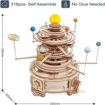 ROBOTIME 316 Pieces 3D Wooden Puzzle Orrery Solar System Model Kit, Multicolored, 13"*12.6"*13.8"