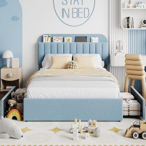 Jojoka Bed Frame with 2 Flexible Drawers and Bookcase Headboard,Upholstered Platform Bed for Boys/Girls,No Box Spring Needed - 1 of 4
