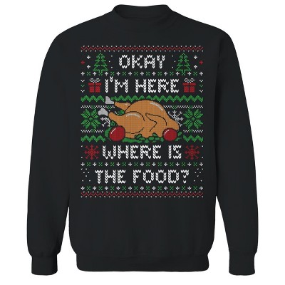 Rerun Island Men's I'M Here Where Is The Food? (Ugly Xmas Sweater) Christmas Long Sleeve Graphic Cotton Pullover Sweatshirt