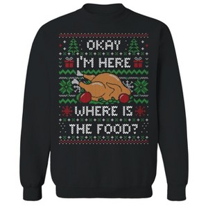 Rerun Island Men's I'M Here Where Is The Food? (Ugly Xmas Sweater) Christmas Long Sleeve Graphic Cotton Pullover Sweatshirt - 1 of 1