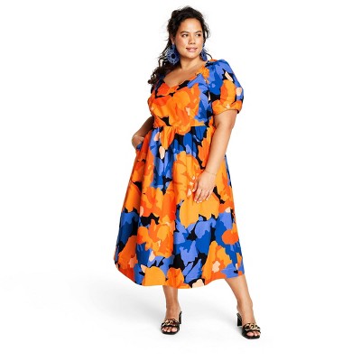 Women's Floral Print Puff Sleeve Tie-Back Midi Dress - Tabitha Brown for Target Orange/Blue