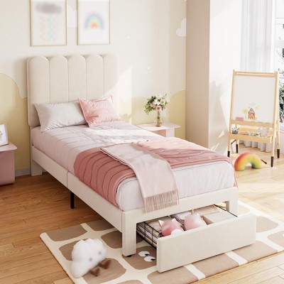 Twin Bed Frame with Drawer, Velvet Upholstered Platform Bed with Headboard, Wooden Slats Support
