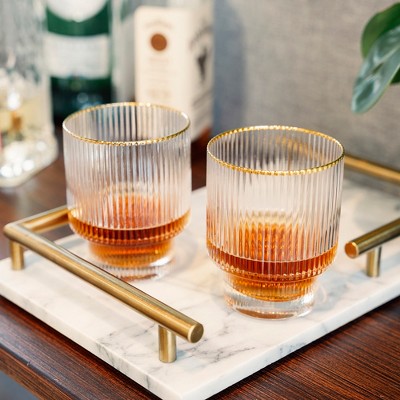 Gold Rimmed Rippled Crystal Lowball Tumblers Set of 2