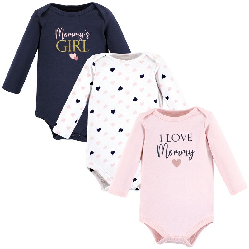 Hudson Baby Infant Girl Cotton Long-Sleeve Bodysuits, Girl Mommy Pink Navy 3-Pack, 1 of 6