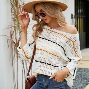 Women's 3/4 Long Sleeve Hollow Out Shirt Summer Casual Striped Knit Top Loose Fit Crew Neck Off Shoulder Blouse - 1 of 4