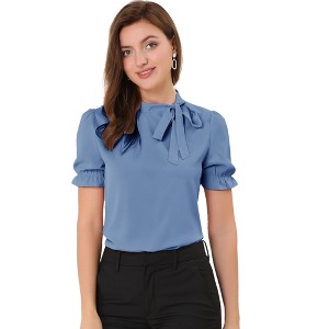 INSPIRE CHIC Women's Bow Tie Neck Solid Color Elastic Cuffs Elegant Office Short Sleeve Blouse - 1 of 4