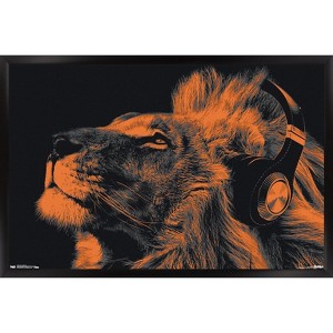 Trends International Lion With Headphones Framed Wall Poster Prints - 1 of 4