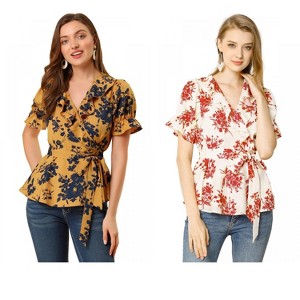INSPIRE CHIC Women's Floral V Neck Tie Waist Belted Ruffle Wrap Shirt 2 Pcs - 1 of 4
