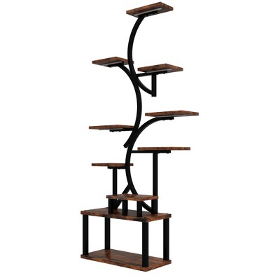 KWPZQEB Indoor Plant Stand with 5 Grow Lights, Wood Plant Shelf Corner Display Rack, Tall Shelf Planter Organizer, S-Shaped Decorative Rack for Garden