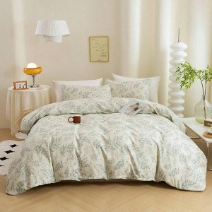Vintage Green Leaves Duvet Cover Set, 100 Cotton, Queen Size - 1 of 4