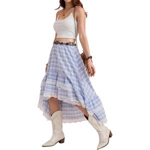 Women's Western Boho Skirt - Lace Ruffle Asymmetrical Hem Cowgirl Style Blue and White - 1 of 4