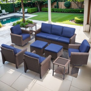 Buenhomino 9-Piece Outdoor Set – Sofa, 2 Swivel Chairs, 2 Single Chairs, 2 Tables & 2 Ottomans, Handwoven Wicker, Weather-Resistant Cushions - 1 of 4