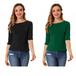 Allegra K Women's Classic Solid Elbow Sleeves Round Neck Slim Fit T-Shirts 2 Packs - 1 of 4