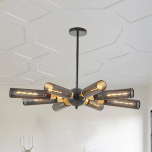 BAOURE 25in Black and Gold Linear Pendant Light with Cylindrical Mesh Shades, 3 Light Modern Chandelier for Dining Room Kitchen Island Living Room - 1 of 4