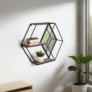 Sagebrook Home 20" Hexagon Mirror Wall Shelf - Contemporary Metal and Wood Black Rustic Mounted Wall Shelf for Home or Office Decor - 1 of 4