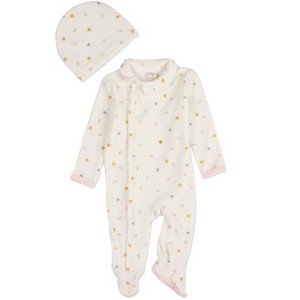 MiniMoi 2 Piece Baby Girls "Lily Of The Valley" Cotton Rich Velour Footie Set - 1 of 4
