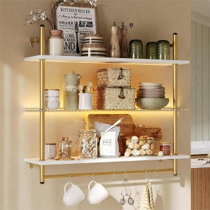 Bestier 41" Floating Shelves with LED Light, 3-Tier Wall-Mounted Wood Shelves with 8 S-Hooks, White Finish & Gold Frame - 1 of 4