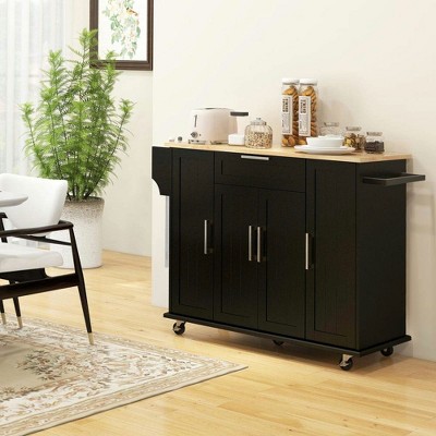 Resenkos Modern Rolling Kitchen Island Cart with Drawers, Natural Wood Top, Towel Rack, Door Storage Cabinet,  Black