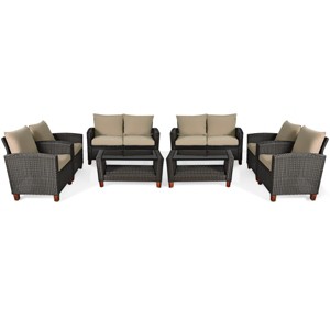 Costway 8PCS Patio Rattan Furniture Set Solid Wood Leg Cushioned Sofa Garden Lawn - 1 of 4