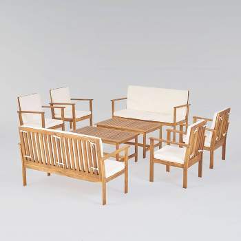 Luciano 8pc Acacia Wood Modern Chat Set - Brown Patina/Cream - Christopher Knight Home