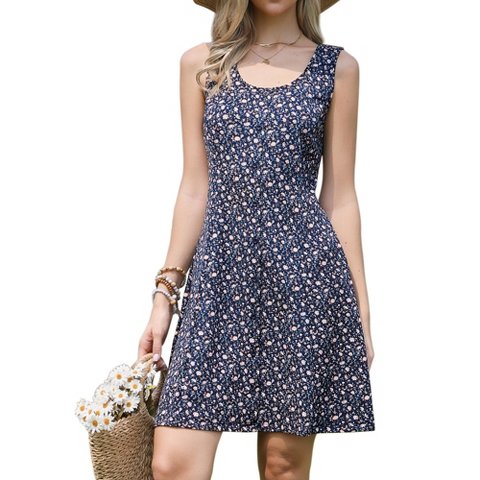 Женские платья INSPIRE CHIC Women's Floral Casual Sleeveless Button Decor Square Neck A-Line Mini Dresses Medium Dark Blue