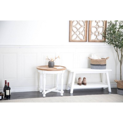 White and Brown Round Wood Accent Table with Spindle Legs