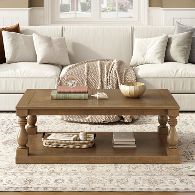 Vintage Coffee Table Featuring Artistic Vase Column Legs and Luxurious Pine Veneer for Timeless Charm, Suitable for Living room, Study Room