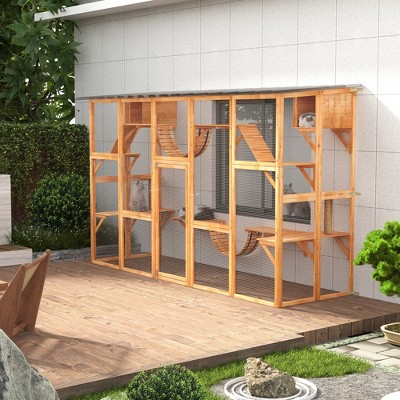 Large Wooden Outdoor Cat Enclosure with Shelves and Bridges