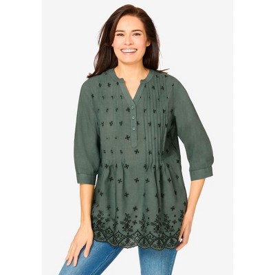 Woman Within Plus Size Embroidered Pintuck Tunic