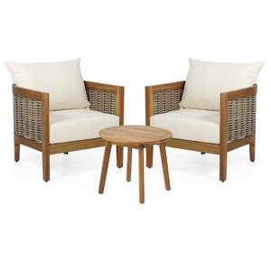 Christopher Knight Home Burchett 3 Piece Patio Acacia Wood and Faux Rattan Chat Set with Cushions - 1 of 4