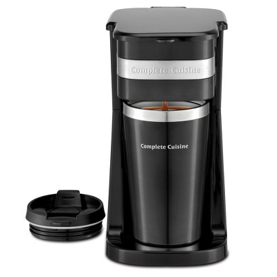 Complete Cuisine Single Serve Coffee Maker and Travel Mug, Compact 14 Ounce Stainless Steel Brewer for Hot Coffee or Tea, Black