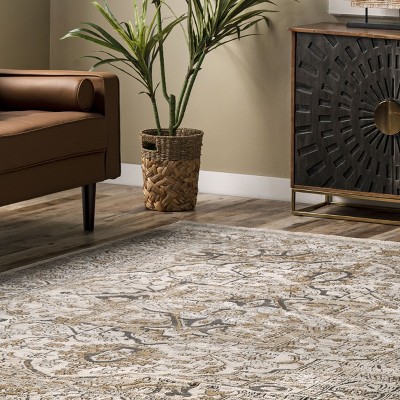 Beige Rectangular Synthetic Medallion Area Rug, 5' x 8'
