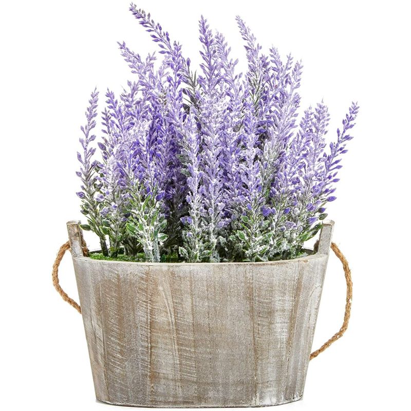 Artificial Lavender Fake Flower Plant in Rustic Oval Wooden Box for Decorations, 3 of 9