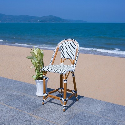 California White and Navy Faux Wicker Counter Stool