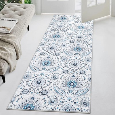 Washable Rug Vintage Floral Distressed Rug with Non Slip Backing Low Pile Foldable Floor Cover