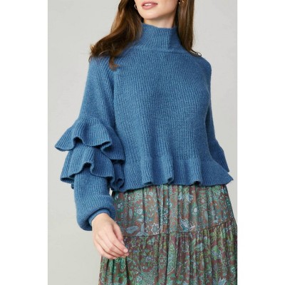 Women's Long Sleeve Mock Neck Sweater Wit Ruffle Sleeve - current air S