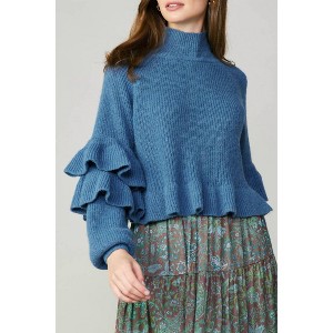 Women's Long Sleeve Mock Neck Sweater Wit Ruffle Sleeve - current air - 1 of 4