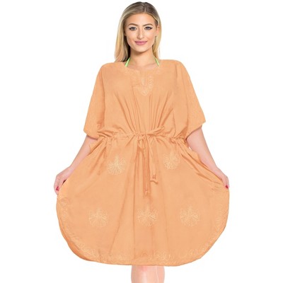 LA LEELA Women's House Daily Routine Evening Wear Vacation Casual Dailywear Loungewear Oversize Caftan Short Holiday Housecoat 2X-3X Orange, Solid