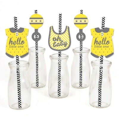 Big Dot of Happiness Hello Little One - Yellow and Gray - Paper Straw Decor - Neutral Baby Shower Party Striped Decorative Straws - Set of 24