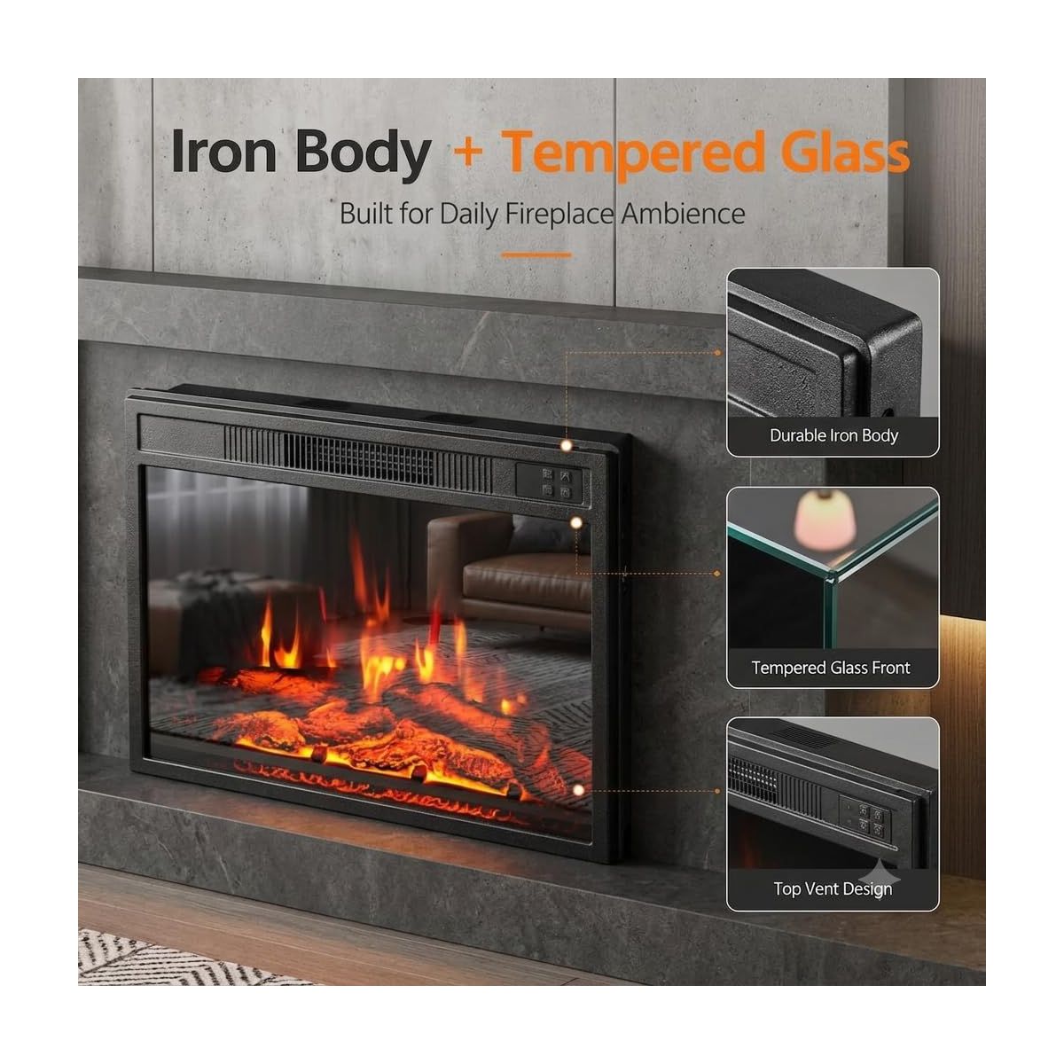 23" Recessed Electric Fireplace, 1500 W Built-In Heater box Heater for Indoor Wall Installation, Remote Control 3 Flame, 0.5-9 H Timer - thumbnail 6